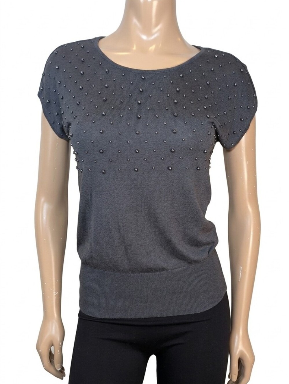 H&M Pearl Beaded Knit Top Viscose Silk Blend Charcoal Grey Womens Size XS Dolman